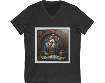 Puede incluir: Una ilustración en blanco y negro de un gallo con un traje azul y una corbata roja. El gallo está sentado en una mesa con un vaso de cerveza y una pila de dinero. El texto "AGRI. LUKE A. ARMIT" está escrito en un círculo alrededor del gallo.