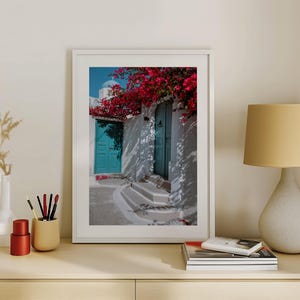 Santorini Framed Art Print: Bougainvillea Floral Doorway, Coastal Decor