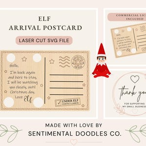 Pode incluir: Um arquivo SVG cortado a laser para um cartão postal de chegada de elfo com textura de madeira clara, carimbo de correio aéreo do Polo Norte e o texto: Hello, I'm back again and here to stay, I will be watching you closely, until Christmas day. Love Elf.