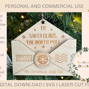 Sobre de madera 3D grabado con carta a Papá Noel, portacartas "Querido Papá Noel", decoración navideña, descarga digital, SVG, archivo cortado con láser, festividades