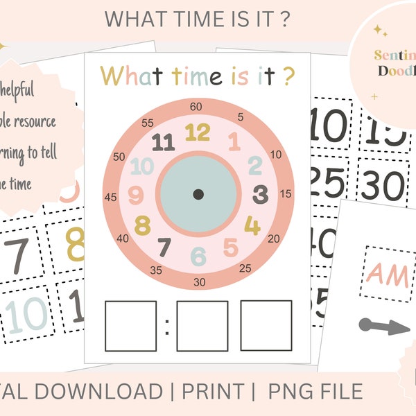 What time is it, Educational printable, Home Schooling, Printable worksheet, Printable Clock, Early Learning, Digital Download, PNG File