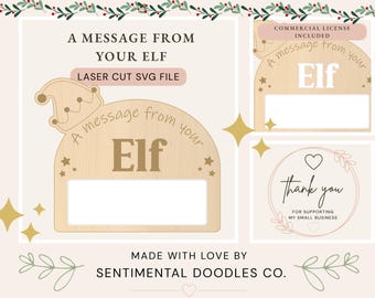 May include: A digital laser cut SVG file design featuring a wooden-textured arch with an elf hat icon, stars, and the text A MESSAGE FROM YOUR ELF. Includes a blank white rectangular space for custom notes and a thank you card graphic.