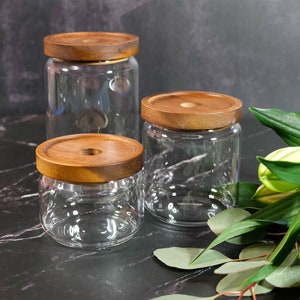Set of 3 Glass Storage Jars with Acacia Wood Lids – 280ml 450ml 1000ml – Airtight Pantry Containers – Eco-Friendly Kitchen Decor