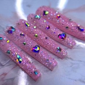 Luxury Gel Press On Nails *Attention* Pink crystal covered nails | Handmade