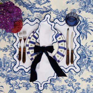 Handmade White Cotton Placemat & Napkin Set with Beautiful Blue Embroidery - Perfect for Elegant Dining Experiences