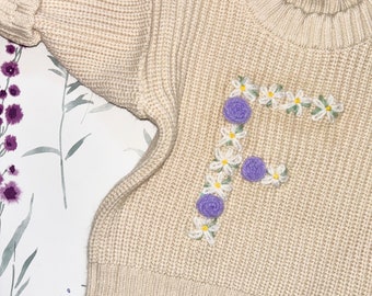 Personalised Hand Embroidered Oversized Baby Jumper with Floral Initial - ideal baby shower gift, coming home outfit or birthday present