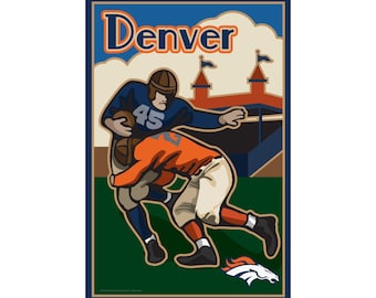 Vintage Denver Football Art Print | Retro Mile High City Football Poster | Blue & Orange Sports Wall Decor
