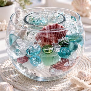 May include: A clear glass bowl filled with decorative elements. The bowl contains blue and green glass pebbles, white seashells, coral, and crushed clear glass. A large, reddish-brown seashell is prominent. The bowl sits on a beige, woven mat.
