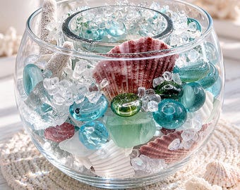 Portavelas Ocean Gem con conchas y cristal marino