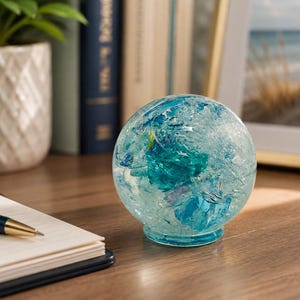 May include: A spherical glass paperweight featuring a crackled texture with internal inclusions of vibrant teal, blue, and clear glass fragments. The orb rests on a small, circular, integrated glass base, showcasing a multifaceted light reflection.