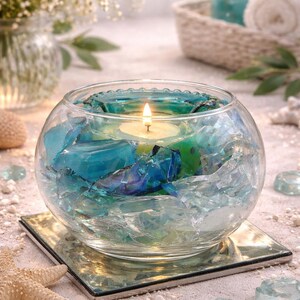 Handmade Blue Glass Votive Candle Holder – Coastal Decor Centerpiece imagen 1