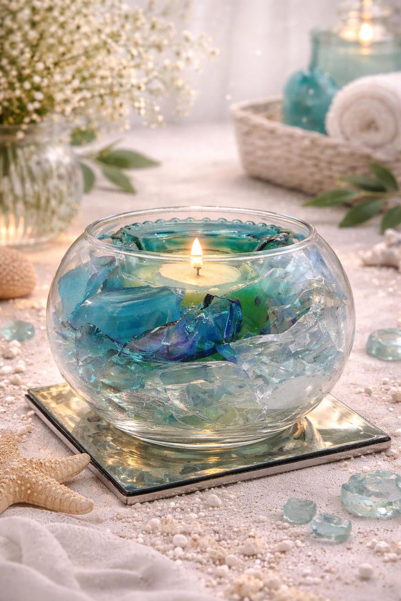 Handmade Blue Glass Votive Candle Holder – Coastal Decor Centerpiece imagen 1