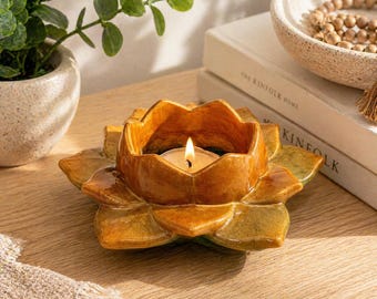 Portavelas de loto / Decoración floral de cerámica, elemento decorativo para meditación, esmalte bicolor