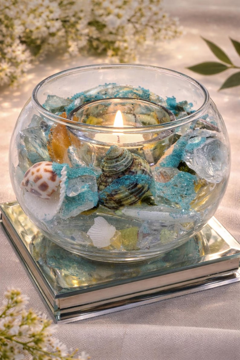 May include: A clear glass bowl filled with seashells, blue sand, and colorful glass pieces, with a lit candle in the center. The bowl sits on a mirrored surface, creating a reflective effect. A decorative item for home decor.
