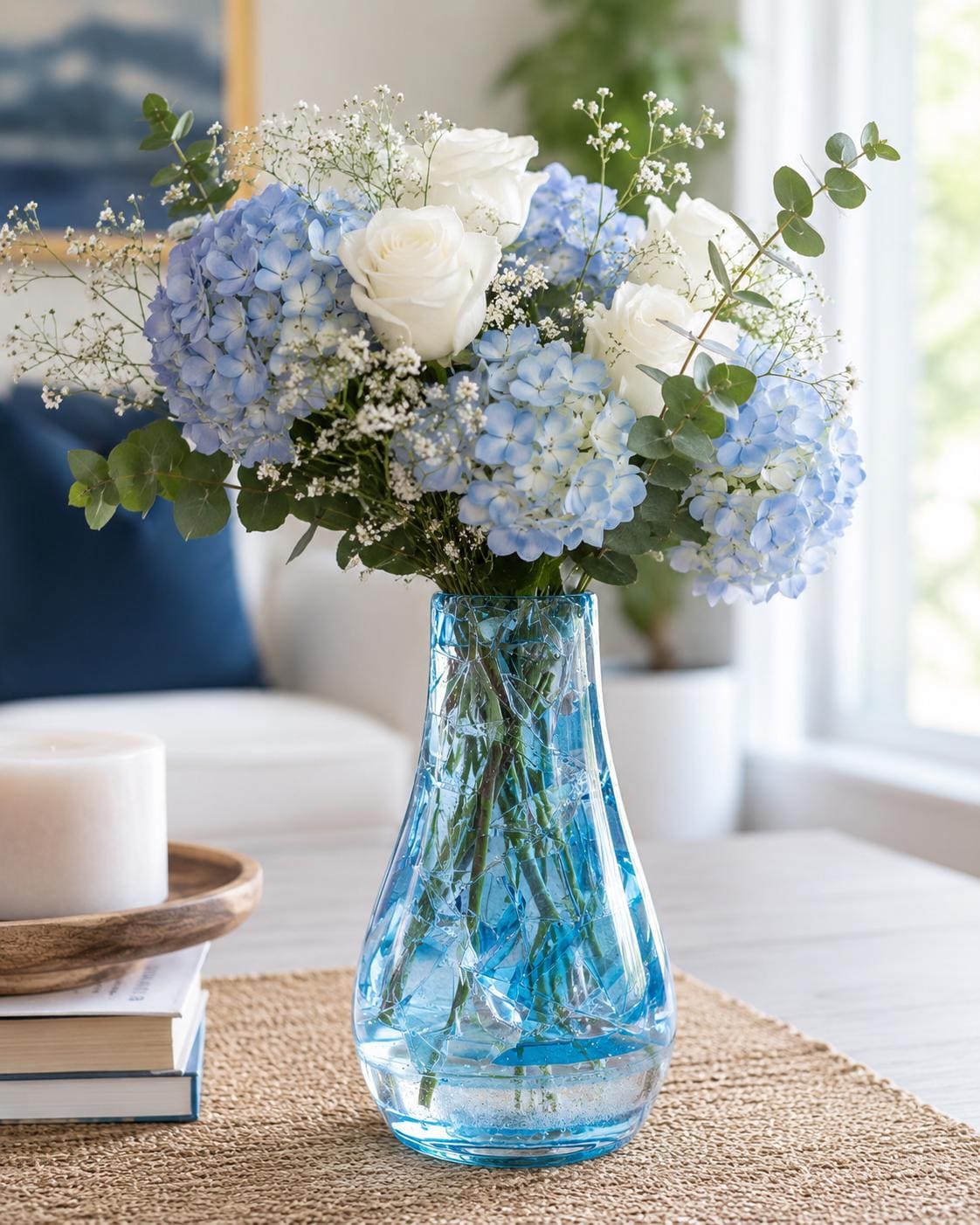 Handmade Blue Resin Glass Vase Layered Artistic Texture Coastal Decor
