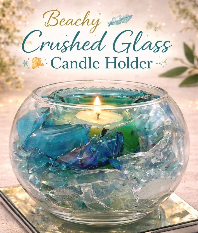 Puede incluir: Un portavelas redondo de cristal transparente lleno de vidrio triturado azul y transparente. Una vela encendida est&aacute; en el centro. El texto "Beachy Crushed Glass Candle Holder" est&aacute; en la parte superior.