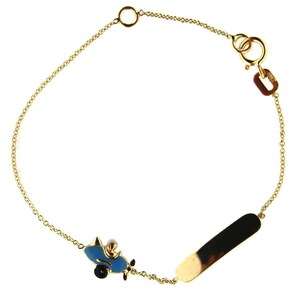 18K Yellow Gold Blue Enamel Airplane Id Baby Bracelet
