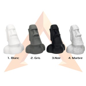 May include: Four Moai statues in different colours: white, grey, black, and marble. The statues are numbered 1 through 4 with their corresponding colour names below.