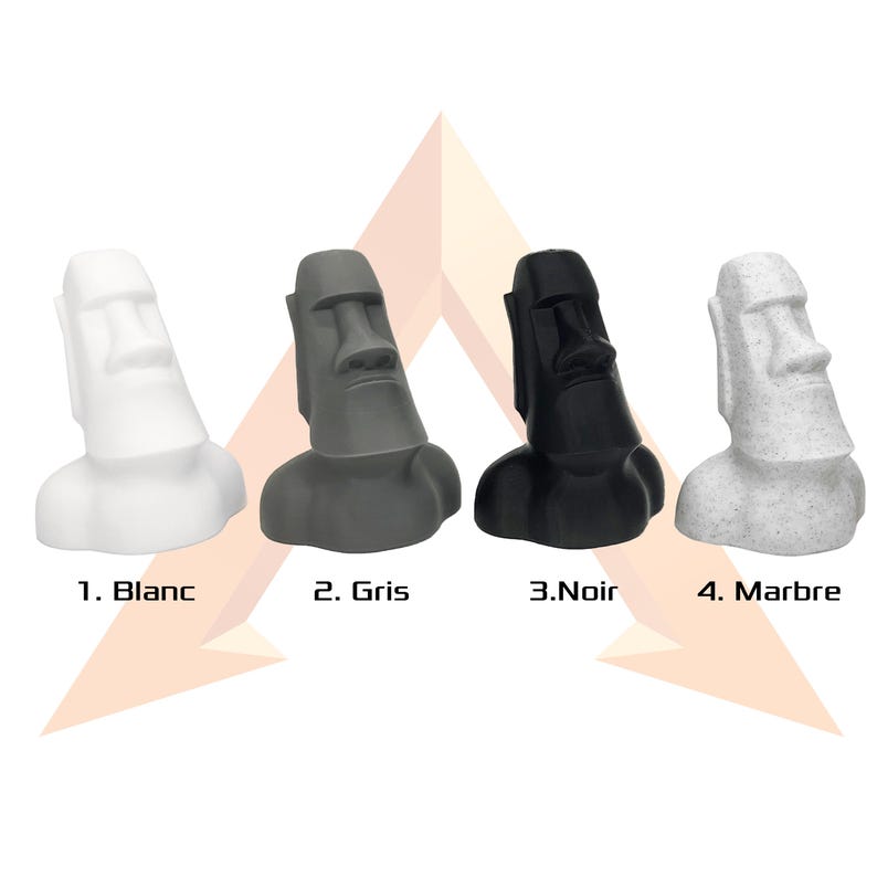 May include: Four Moai statues in different colours: white, grey, black, and marble. The statues are numbered 1 through 4 with their corresponding colour names below.