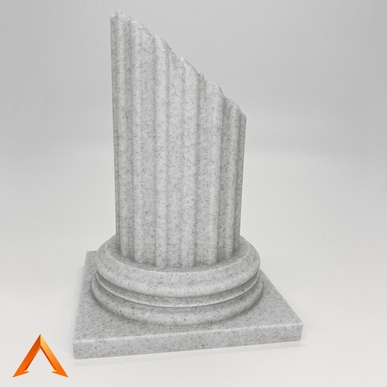 May include: A white, broken, stone column with a fluted top and a square base. The column is made of a textured material that resembles marble.