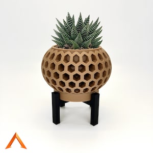 Op de afbeelding: Een bruine zeshoekige plantenpot met een vetplant op een zwarte metalen standaard.
