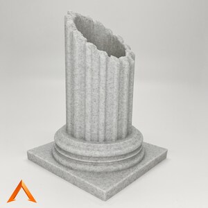 May include: A white, weathered, stone column with a broken top and a square base.