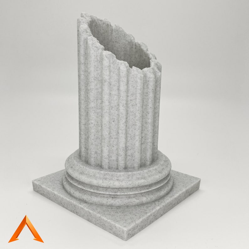May include: A white, weathered, stone column with a broken top and a square base.