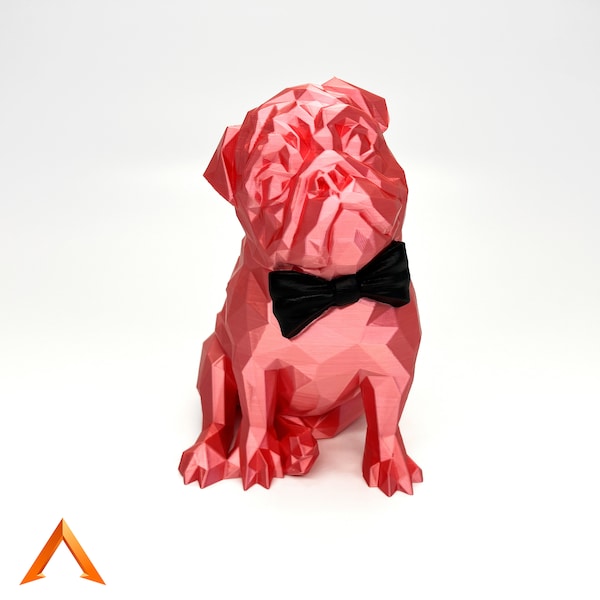 Statue polygonale de chien imprimé en 3D, décoration à poser personnalisable, Carlin et son noeud papillon