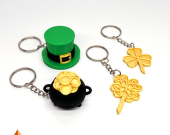 Porte-clés de la St Patrick imprimé en 3D, trèfle porte bonheur, chapeau Leprechaun, chaudron d'or