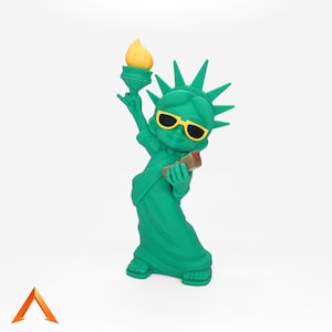 Statua della Libertà in cartone animato stampato in 3D, statua decorativa con occhiali da sole e hot dog