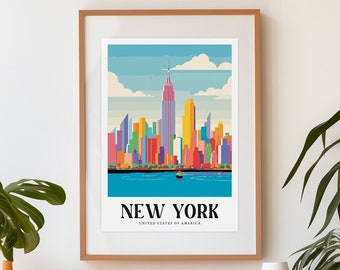 New York Cityscape Art Print – kleurrijke skylineposter (digitale download)