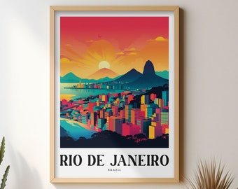Impresión de Río de Janeiro: Arte del horizonte de Brasil, paisaje urbano colorido (descarga digital)