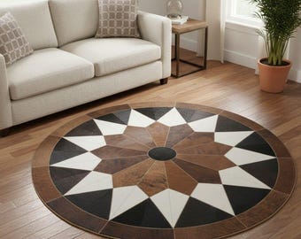 Runder Rindsleder Teppich - Geometrischer Patchwork Lederteppich, Boho Dekor