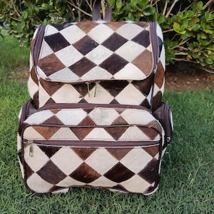 Handmade Cowhide Leather Backpack  Geometric Patchwork Travel Bag – Rustic Western Style Rucksack – Unisex Boho Laptop Bag Unique Gift Idea