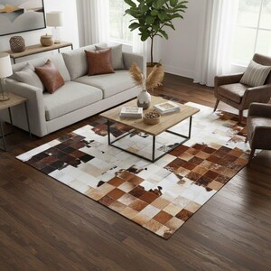 Puede incluir: Un salón con una alfombra de área con diseño patchwork en tonos marrón, beige y blanco. La alfombra está debajo de una mesa de centro de madera y un sofá claro con cojines de cuero marrón. Dos sillones de cuero marrón completan la escena.