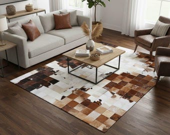 Handgemaakt driekleurig koeienhuid patchwork vloerkleed, haar op leren tapijt (8 x 10 ft)