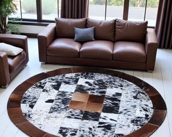 Handgefertigter Runder Rindsleder Teppich - Patchwork Lederteppich, Westliches Dekor