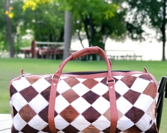 Handgemachte Rindsleder Patchwork Duffel Bag - Leder Karierte Reisetasche