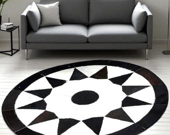 Tappeto rotondo in pelle di mucca bianca e nera fatto a mano / tappeto in pelle patchwork