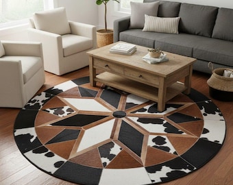 Handgefertigter runder Rindslederteppich - Geometrischer Patchwork-Lederteppich