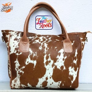 Fourre-tout en cuir de vachette | Sac à main pour femme en poils véritables sur fourrure de vache | Sac à bandoulière bohème western marron et blanc à imprimé vache, cadeau pour elle