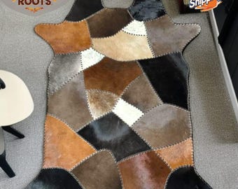 Handgemaakt driekleurig koeienhuid patchwork vloerkleed: westers woondecoratie (4 x 6)