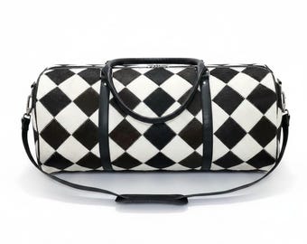 Handgemachte Kuhfell Patchwork Duffel Bag: Echtes Leder Karierte Reisetasche