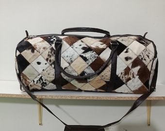 Handmade Cowhide Patchwork Duffel Bag – Genuine Leather Travel Bag – Brown & White Checkered Overnight Bag – Unique Gym or Weekend Bag SALE