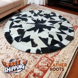 Handmade Cowhide Patchwork Rug: Round Black and White Leather Area Rug