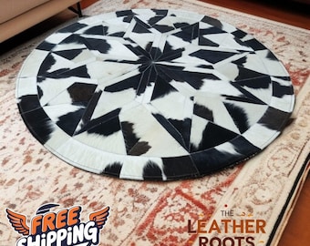 Tappeto patchwork in pelle di mucca fatto a mano - Tappeto rotondo in pelle nera e bianca