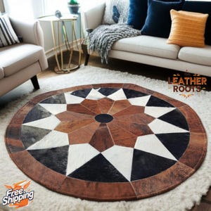 Round Cowhide Patchwork Rug – Leather Area Rug | Geometric Boho Decor | Natural Hair on Hide, Handmade Antique Cowhide Carpet Design SALE