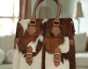 Exotic Tricolor Cowhide Tote Bag, Hair-On-Hide Shoulder Bag