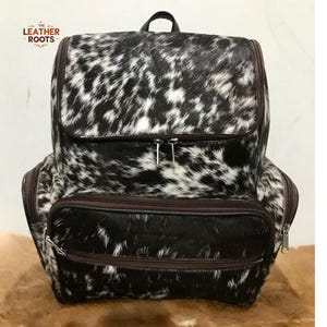 Handmade Cowhide Leather Backpack: Black & White Travel Rucksack
