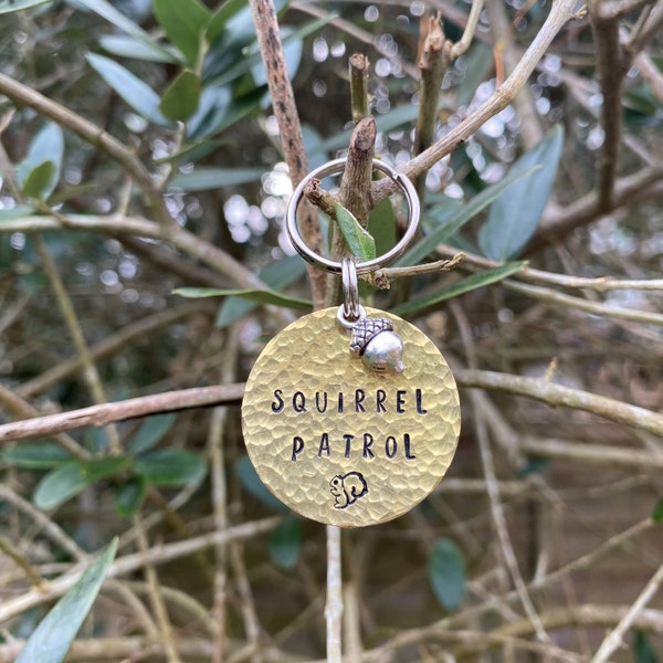 Squirrel Patrol Dog Tag – Hand stamped, hammered brass tag